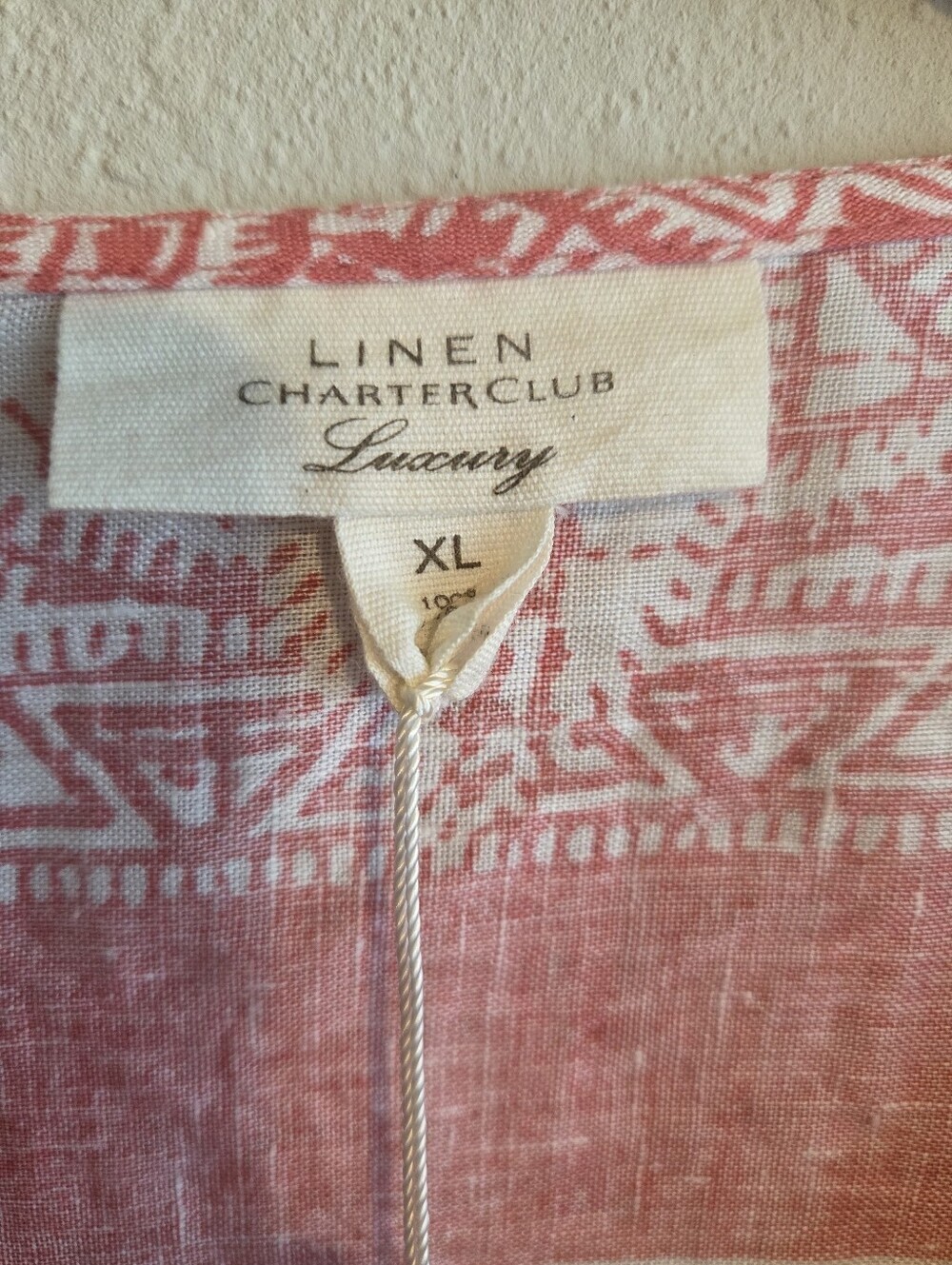 Charter Club Luxury Coral-Pink Printed Linen V-Neck Beaded Tunic Sz XL Vacation - Picture 2 of 11
